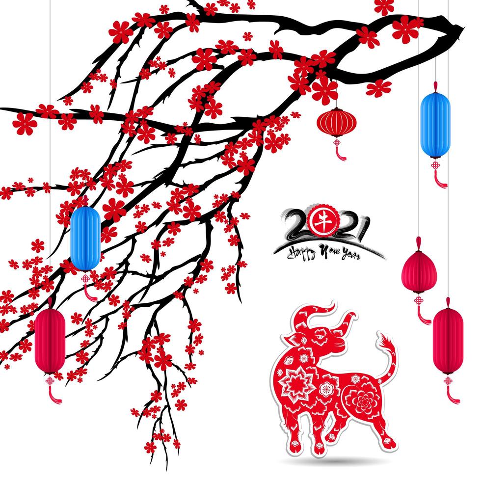 Nouvel an chinois 2021 année du bœuf avec fleurs de cerisier et lanterne vecteur