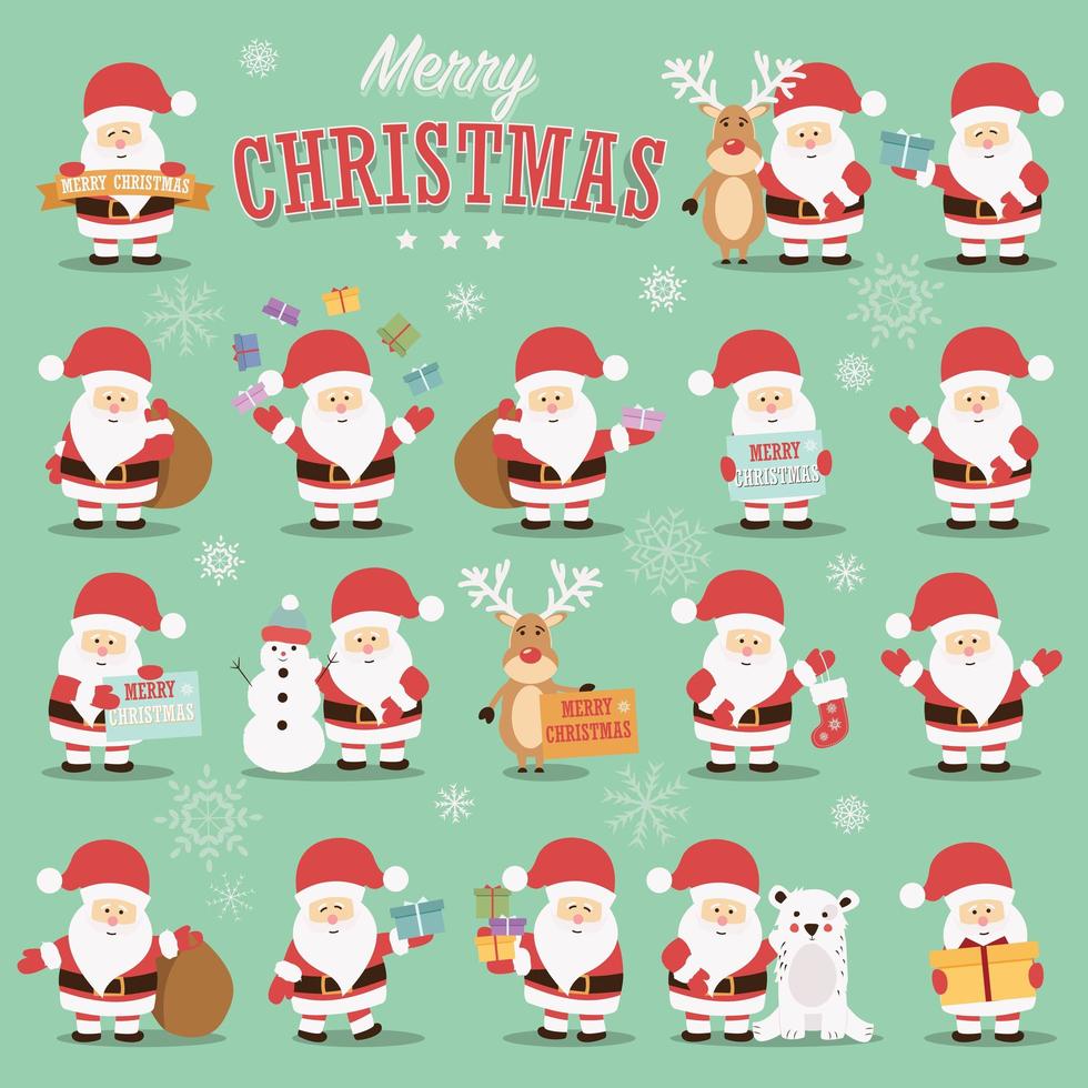 Collection de personnages mignons du père Noël avec rennes, ours, bonhomme de neige et cadeaux vecteur