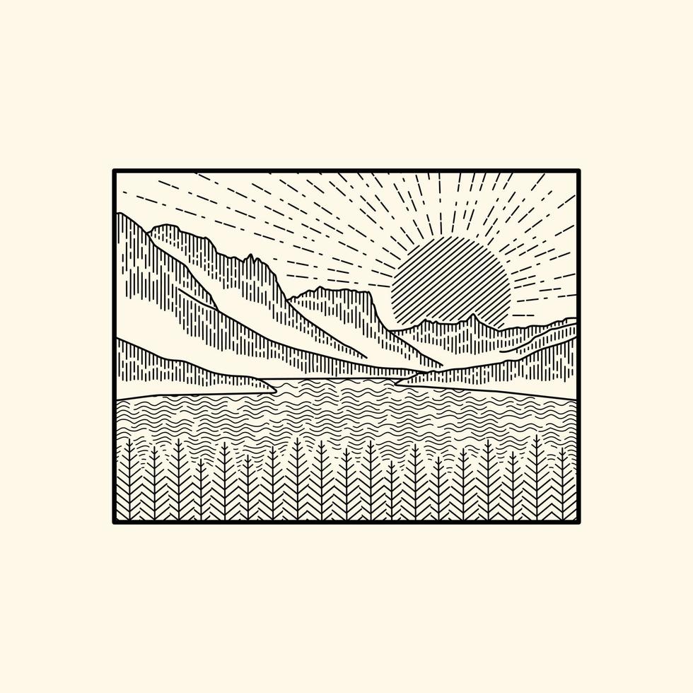 illustration du coucher de soleil à st. lac mary dans le montana glacier national en style mono-ligne pour badges, emblèmes, patchs, t-shirts, etc. vecteur