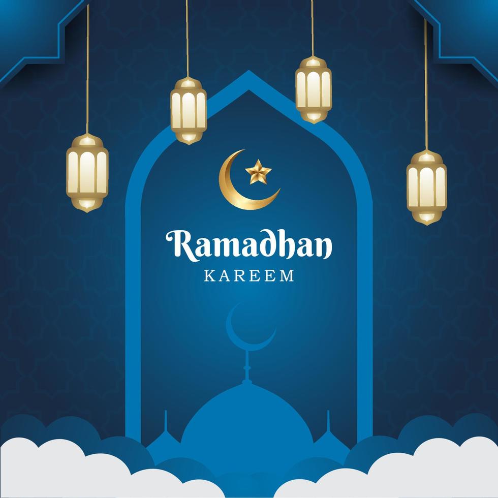 salutation de ramadhan kareem. ied mubarak, modèle de fond bleu marhaban ya ramadhan vecteur