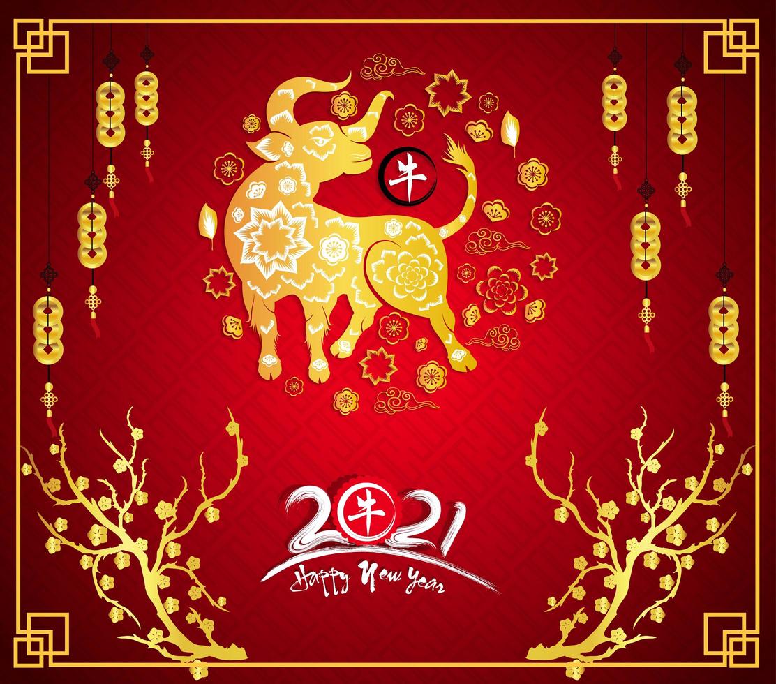 affiche dorée du nouvel an chinois 2021 avec boeuf et cadre vecteur