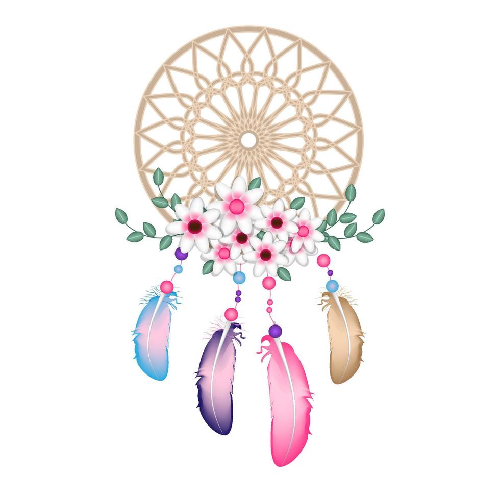 capteur de rêves réaliste avec fils, perles et plumes, style boho, symbole tribal amérindien, silhouette de capteur de rêves ethnique, illustration vectorielle. vecteur