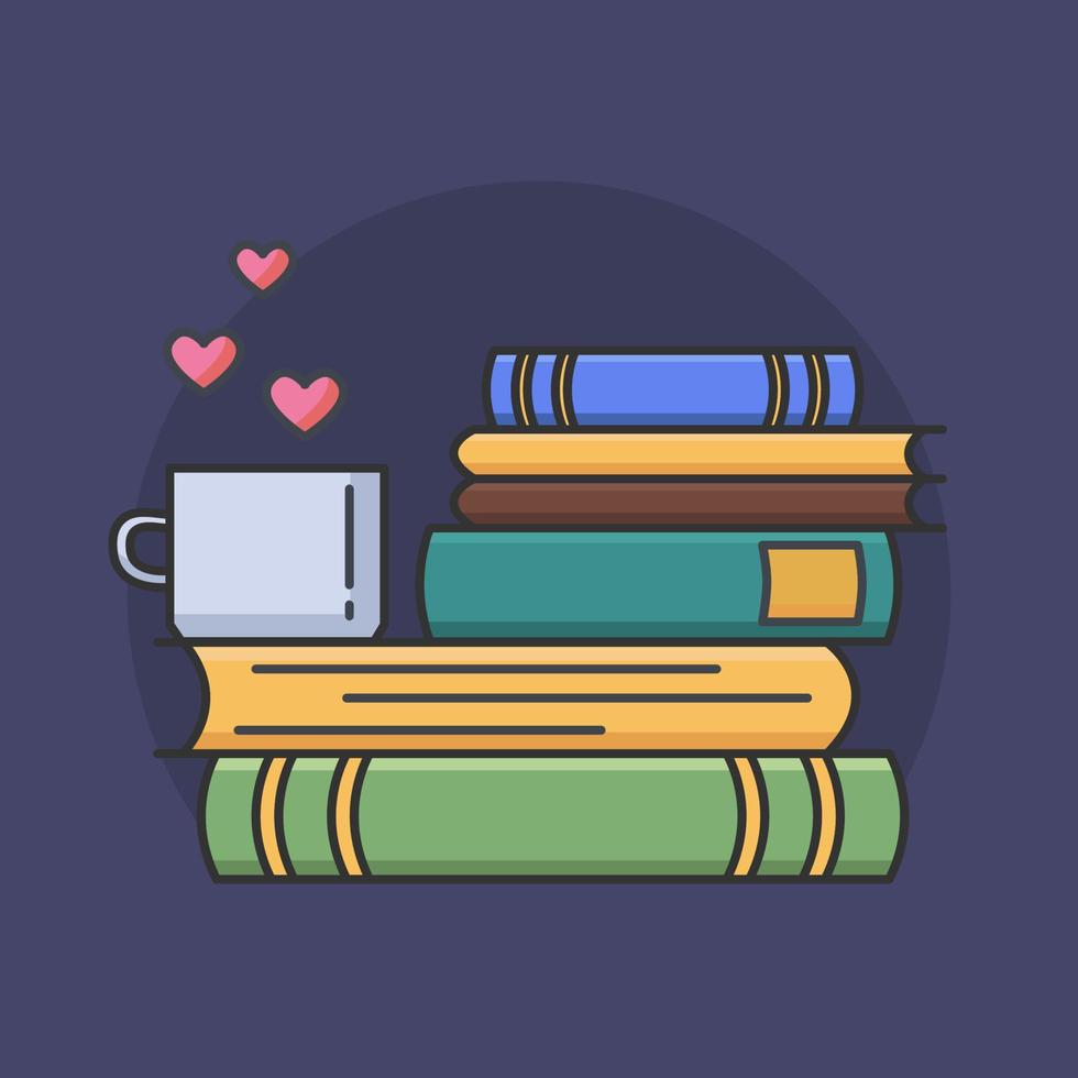 icône de ligne colorée de pile de livres et de tasse de thé ou de café avec des symboles de coeur. vecteur