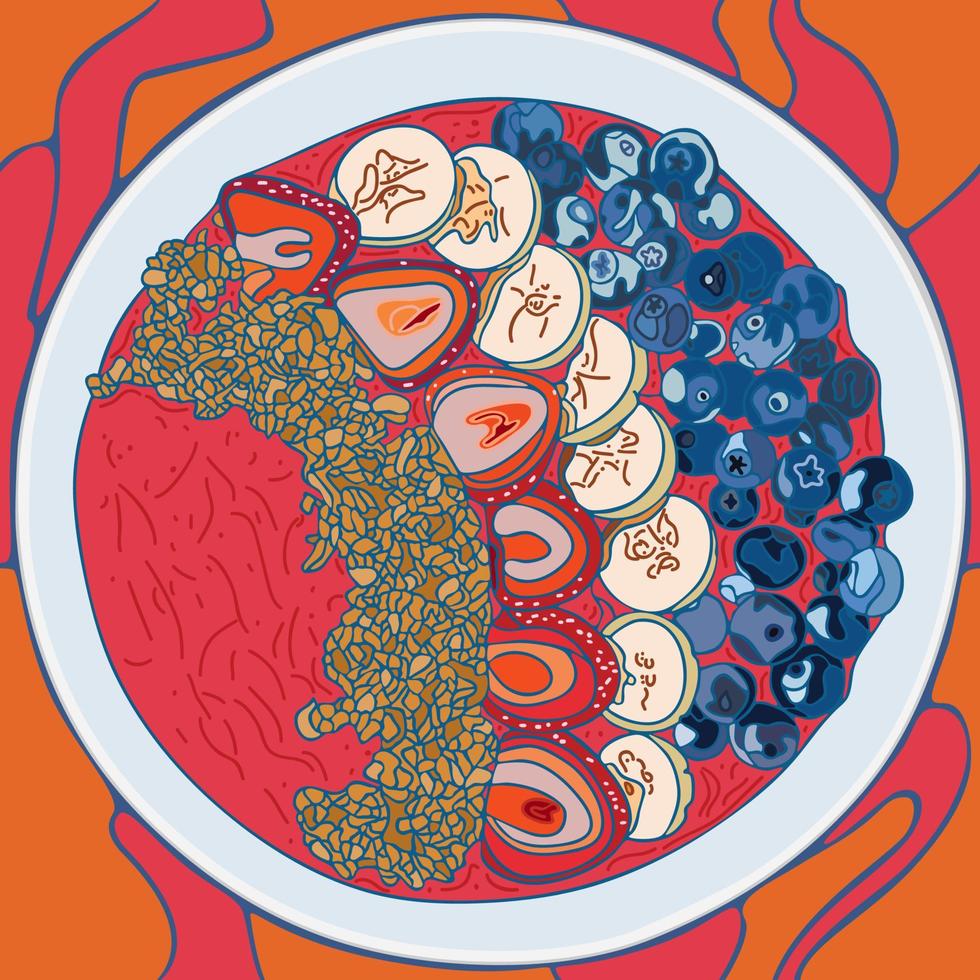 bol de smoothie à plat, bol d'açai avec fraise, myrtille, banane et granola. petit-déjeuner sain. idéal pour les arrière-plans de printemps ou d'été, carte, bannière. vecteur