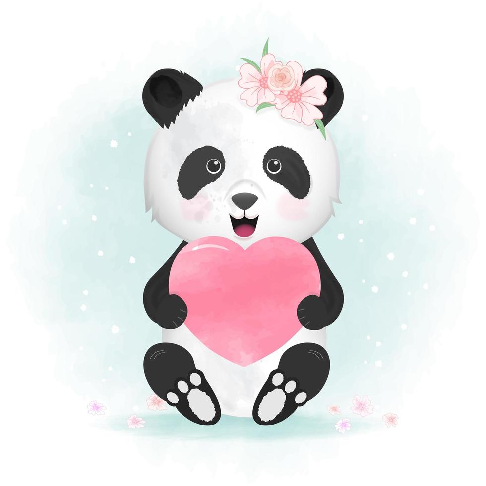 panda, tenue, coeur, main, dessiné, illustration vecteur