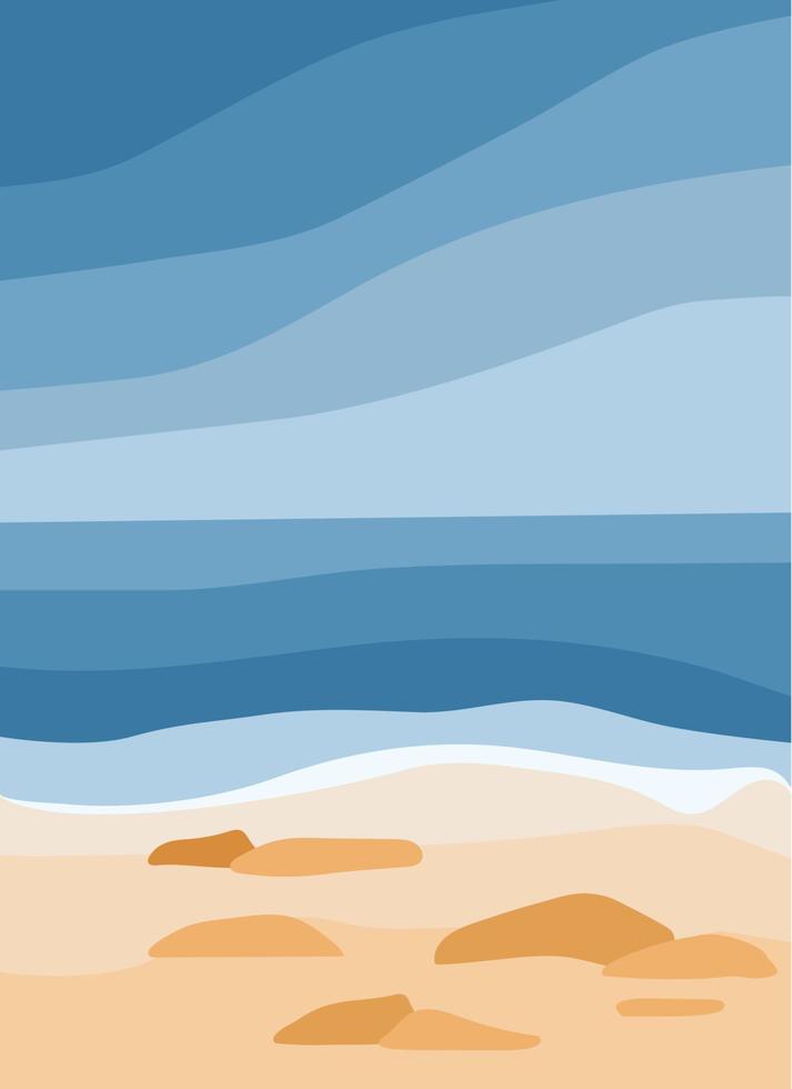 mer bleue et plage de sable. vagues de l'océan, rochers sur le rivage. abstrait élégant avec littoral tropical vecteur