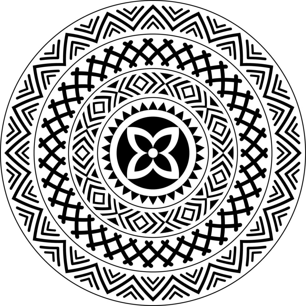 motif de mandala tribal, conception abstraite de mandala polynésien circulaire, ornement vectoriel de style tatouage hawaïen polynésien en noir et blanc