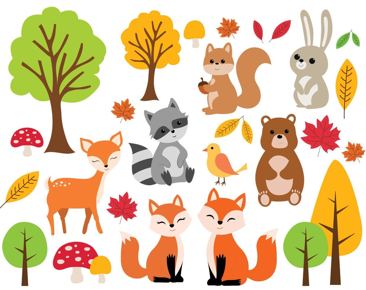 illustration vectorielle d'animaux mignons de la forêt boisée, y compris le cerf, le lapin, le hérisson, l'ours, le renard, le raton laveur, l'oiseau, le hibou et l'écureuil. vecteur