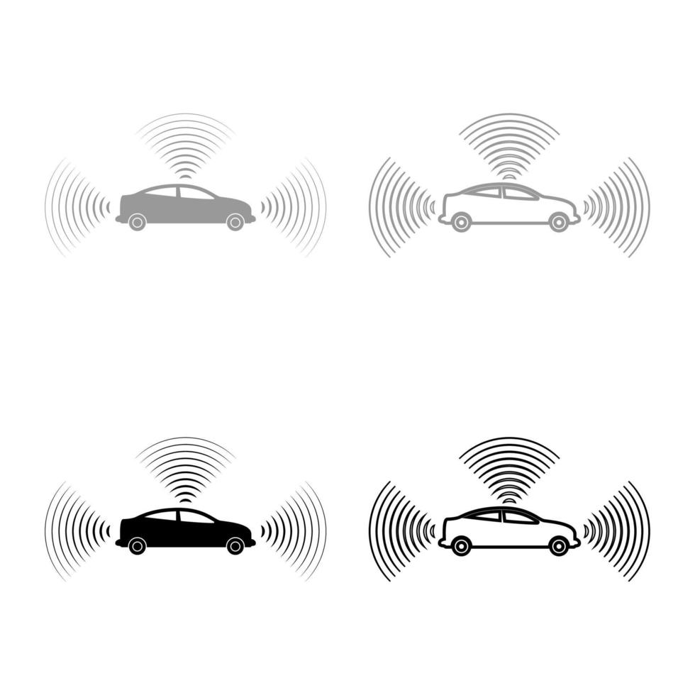 voiture radio signaux capteur intelligent technologie pilote automatique toutes les directions ensemble icône gris noir couleur vecteur illustration image solide remplir contour ligne mince plat style