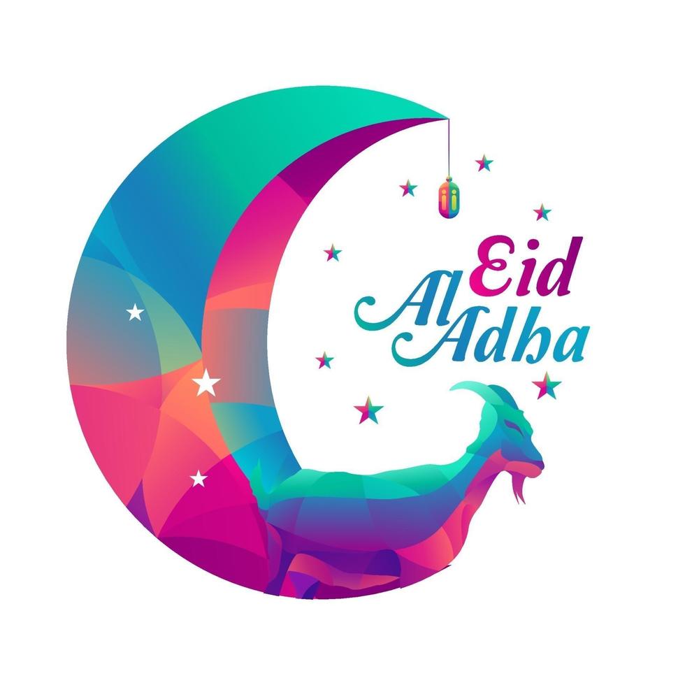 eid al adha mubarak est une célébration de la conception de fond blanc pour la communauté musulmane avec des illustrations vectorielles d'une chèvre, d'une étoile, d'une lanterne et d'un croissant de lune. vecteur
