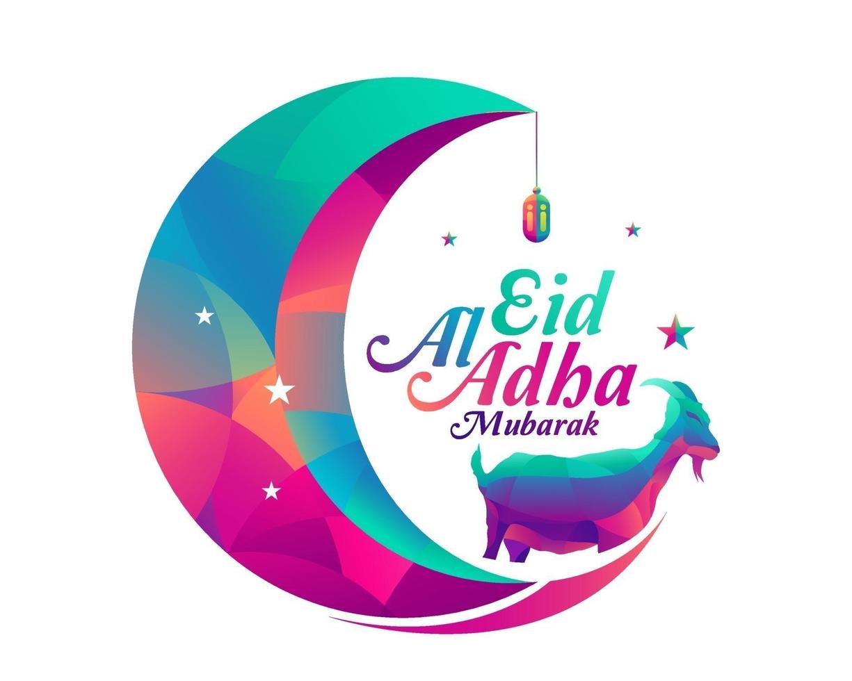 eid al adha mubarak est une célébration de la conception de fond blanc pour la communauté musulmane avec des illustrations vectorielles d'une chèvre, d'une étoile, d'une lanterne et d'un croissant de lune. vecteur