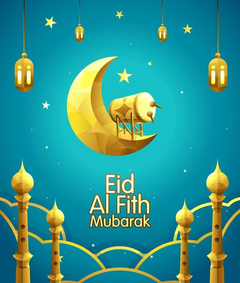 illustration vectorielle eid mubarak avec croissant de lune doré, tambour et lanterne sur un nuage bleu dégradé et fond de ciel. vecteur