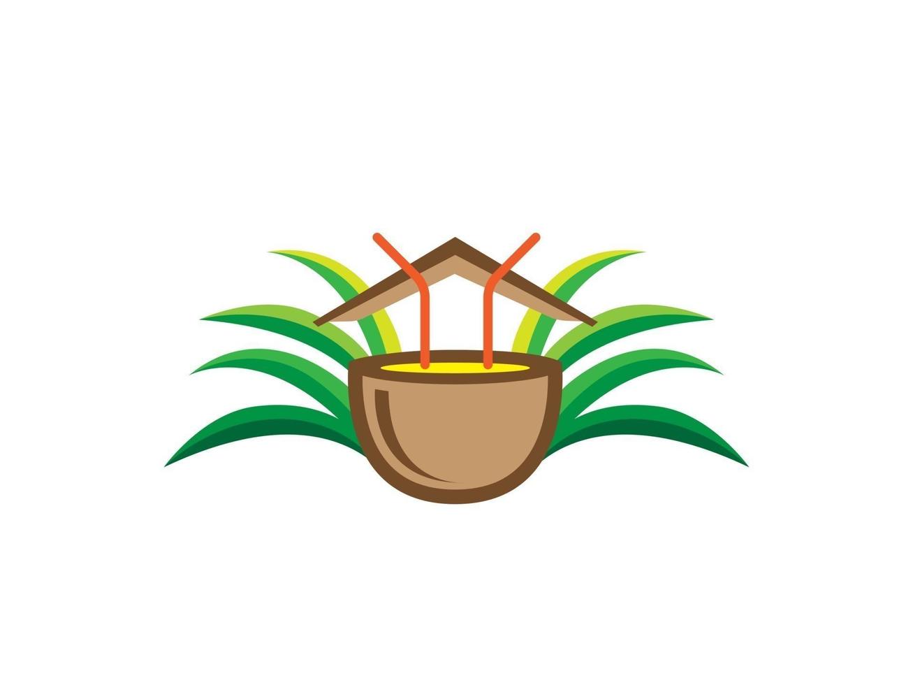 logo de vacances nature présentant une boisson aux fruits à la noix de coco, icône de la maison, plante naturelle pour le tourisme. vecteur