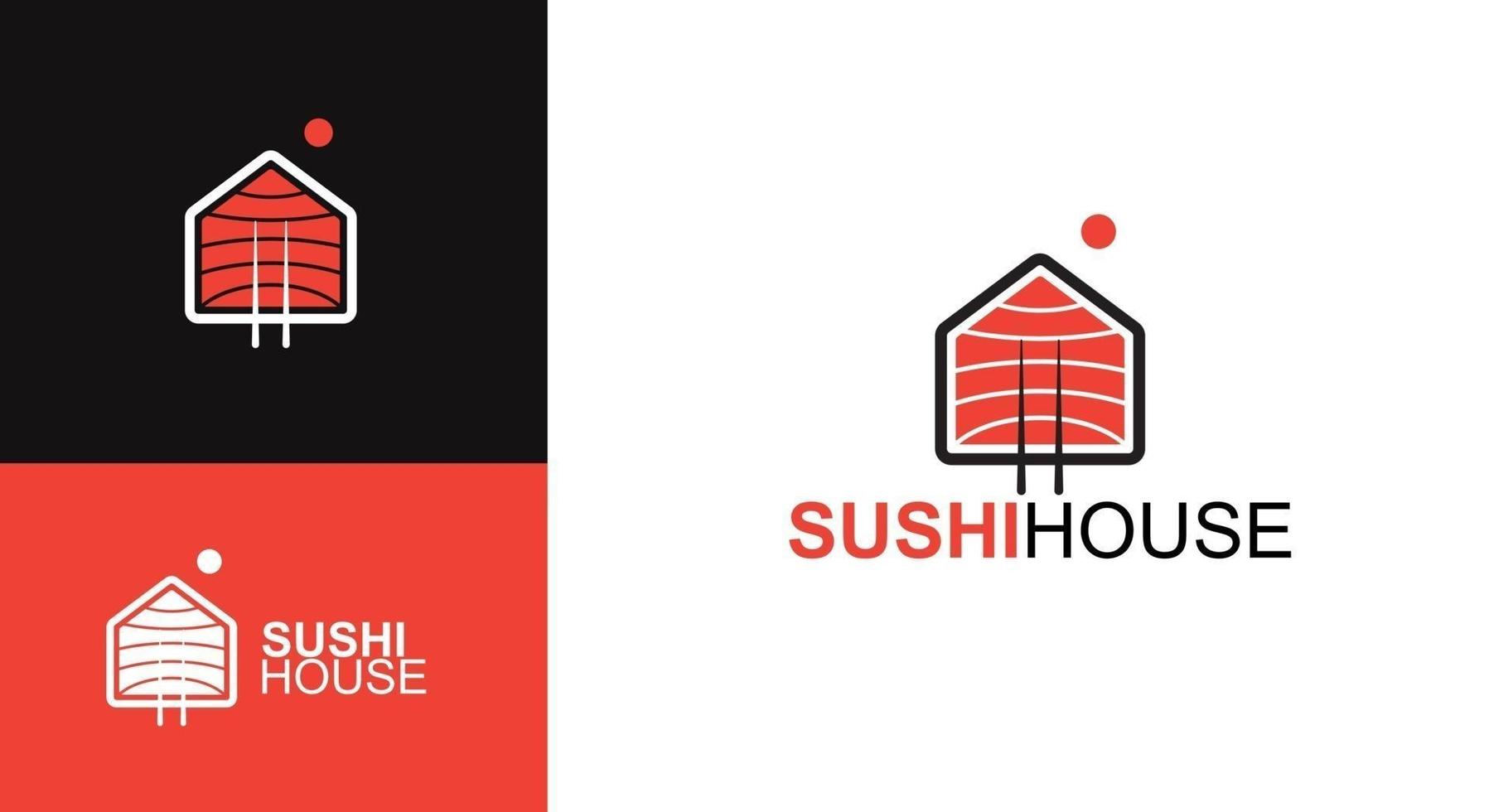 modèle de logo de viande de sushi avec des baguettes, icône de maison de sushi. illustration vectorielle de sushi café vecteur