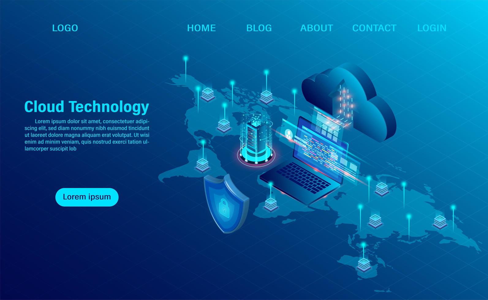 Cloud computing design bleu sur la carte vecteur