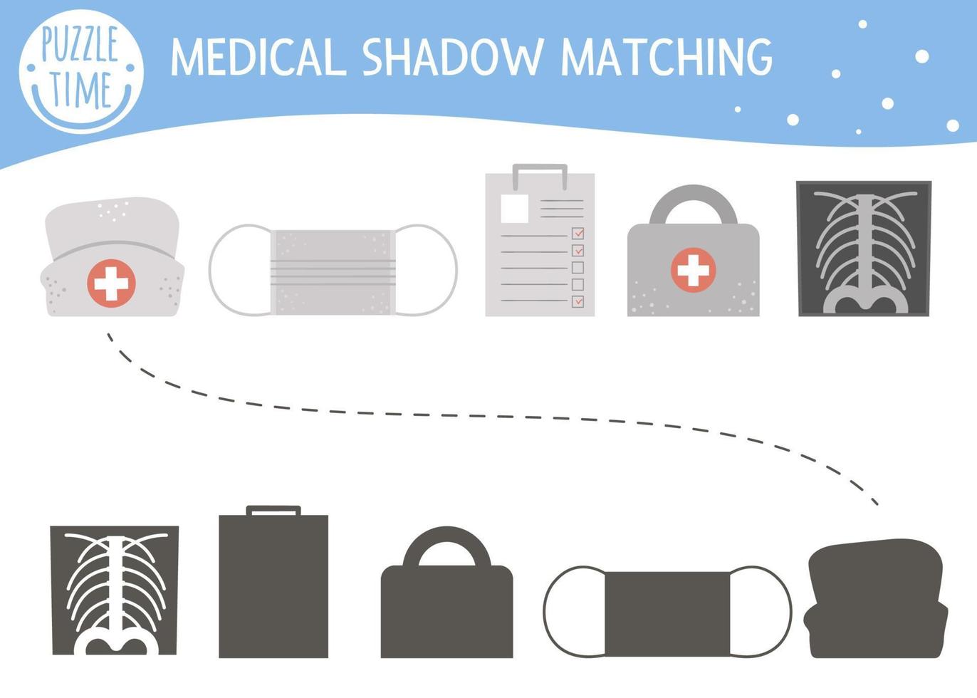 activité de correspondance d'ombre pour les enfants avec équipement médical. puzzle préscolaire de médecine ou de soins de santé. jolie énigme éducative sur le bilan de santé. trouver le bon jeu de silhouette. vecteur