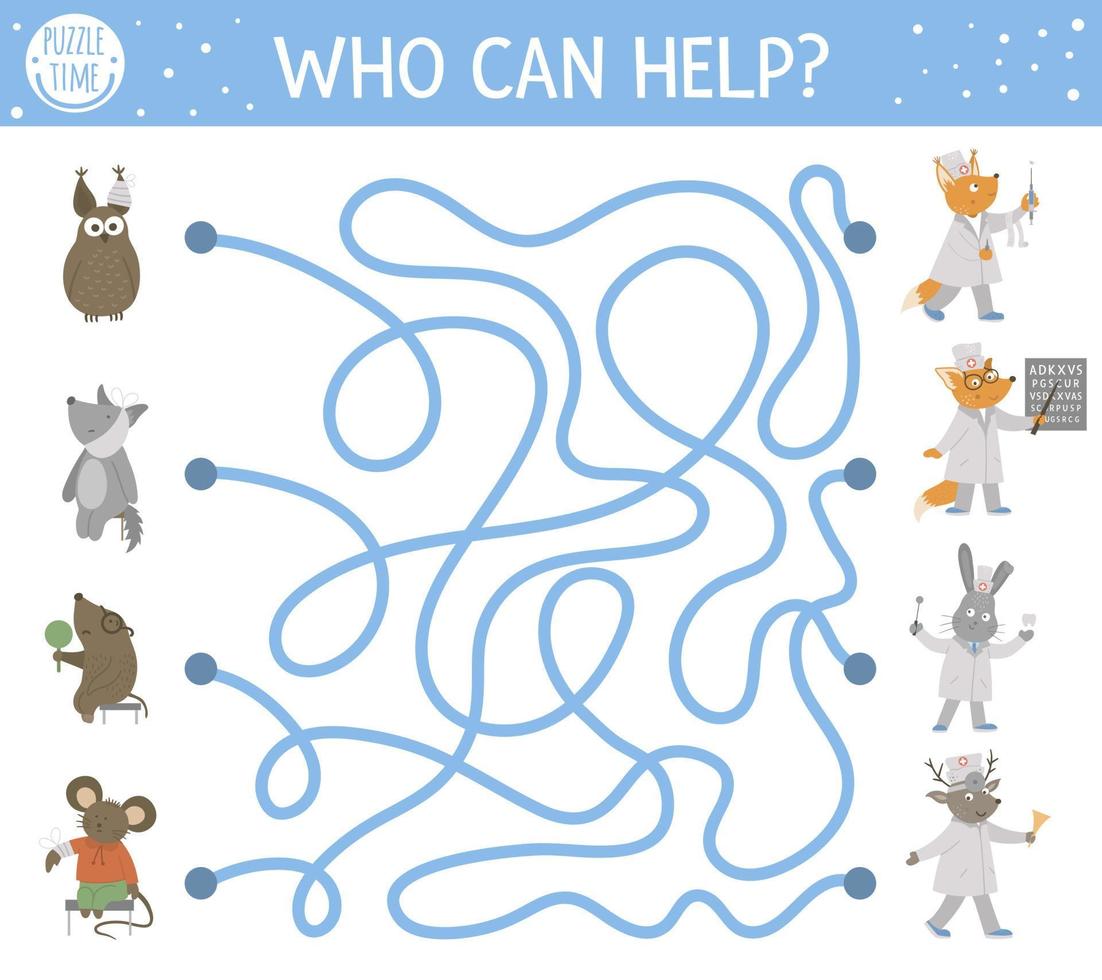 labyrinthe médical pour les enfants. activité de médecine préscolaire. jeu de puzzle amusant avec de mignons patients malades et des médecins. qui peut aider les animaux vecteur