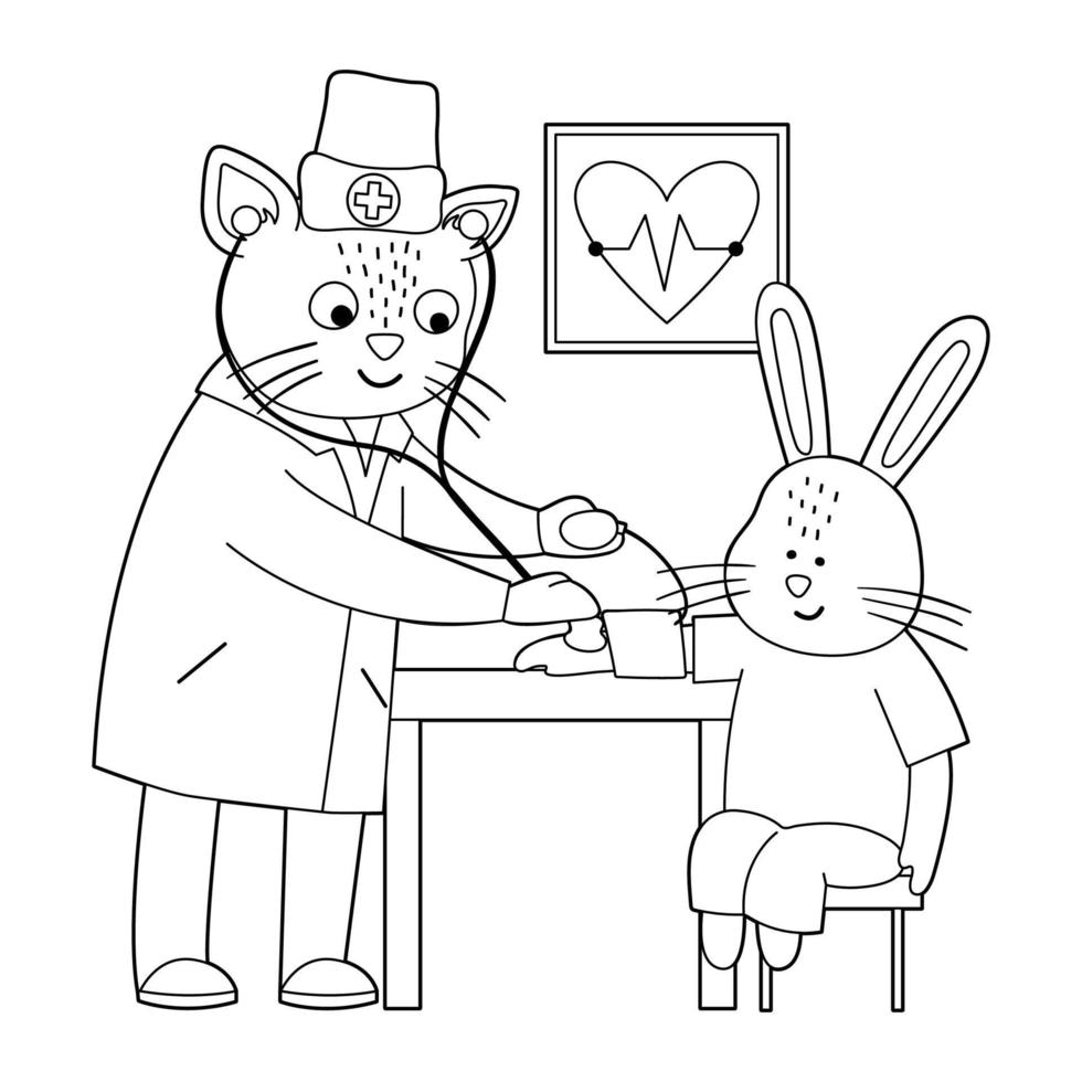 contour vectoriel médecin animalier traitant le patient. chat prenant la tension artérielle du lapin. personnages drôles mignons. page de coloriage de médecine pour les enfants. scène de l'hôpital isolé sur fond blanc