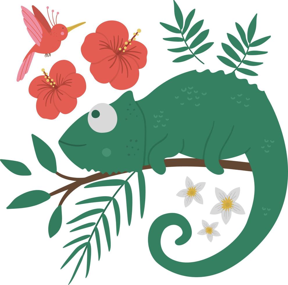 vecteur caméléon mignon sur un brunch d'arbre avec des feuilles et des fleurs et un oiseau paradisiaque. illustration drôle d'animal exotique tropical. image plate lumineuse pour les enfants. clipart été jungle