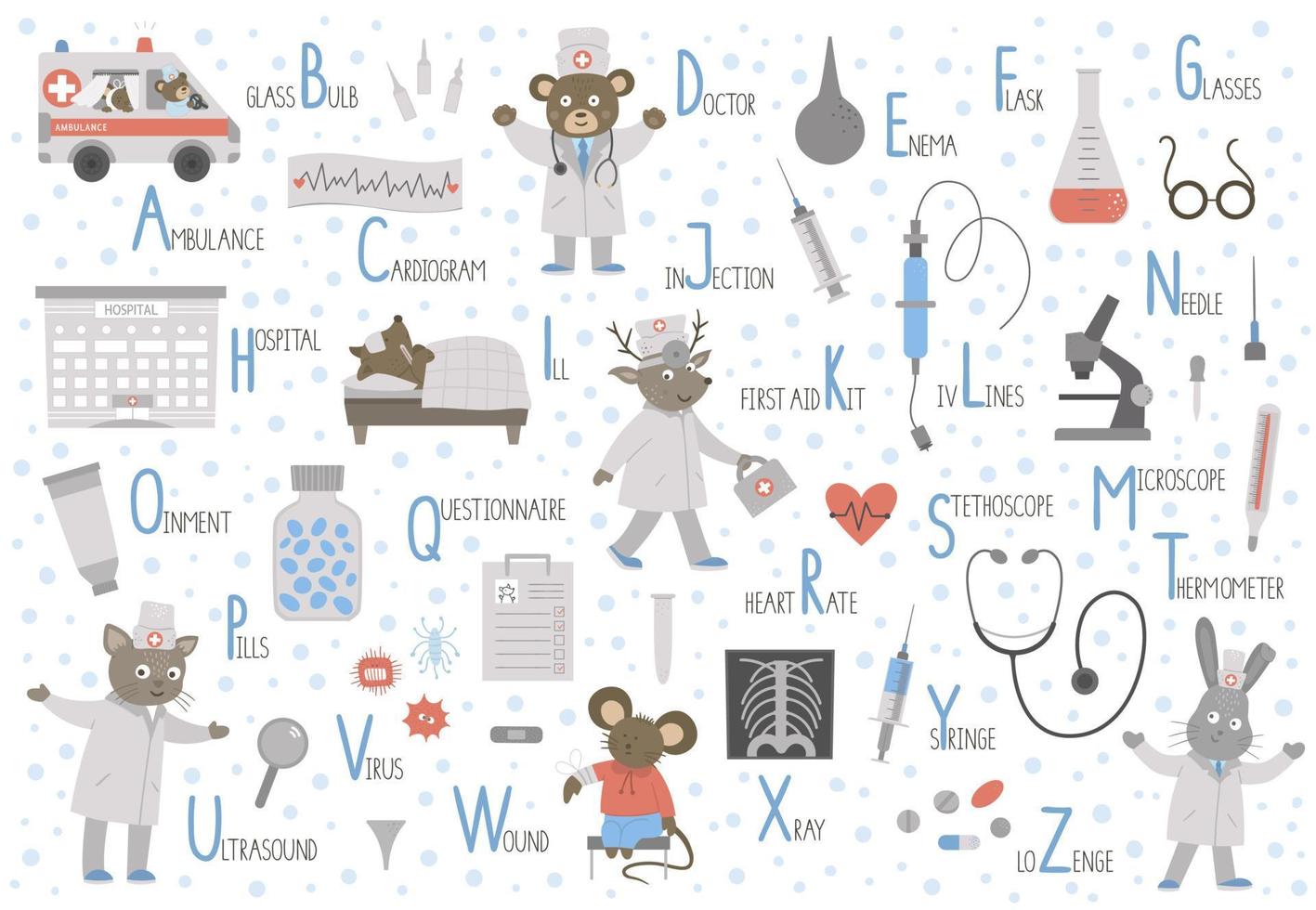 alphabet médical pour les enfants. abc plat mignon avec symboles et équipement de soins de santé. affiche drôle de médecine de mise en page horizontale pour enseigner la lecture sur fond blanc. vecteur