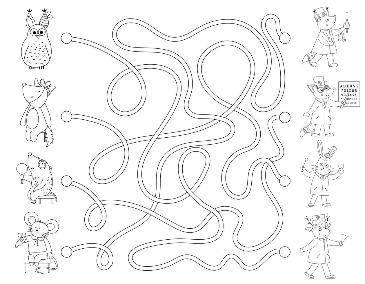 labyrinthe de contour médical pour les enfants. activité de médecine préscolaire. jeu de puzzle amusant avec de mignons patients malades et des médecins. page de coloriage pour les enfants. qui peut aider les animaux vecteur