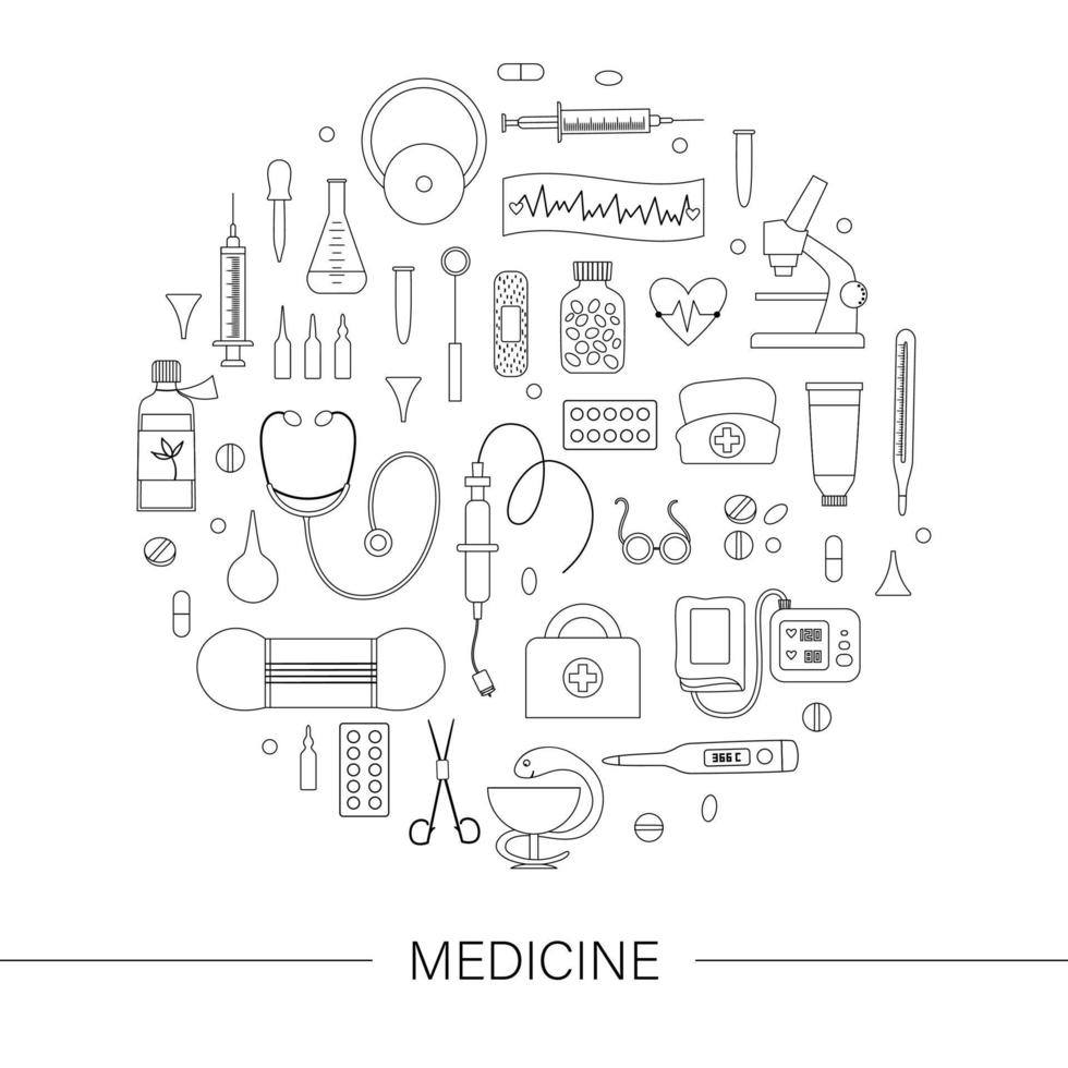 cadre rond vectoriel avec contours d'équipements et d'outils médicaux. conception de bannière d'éléments de ligne de médecine encadrée en cercle. modèle de carte de soins de santé, de vérification ou de recherche mignon et drôle.