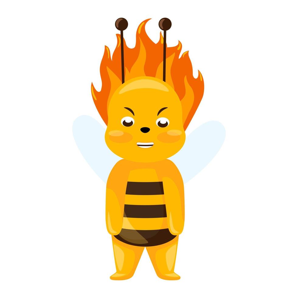 abeille en colère isolée sur fond blanc. personnage de dessin animé flambe dans le feu. vecteur