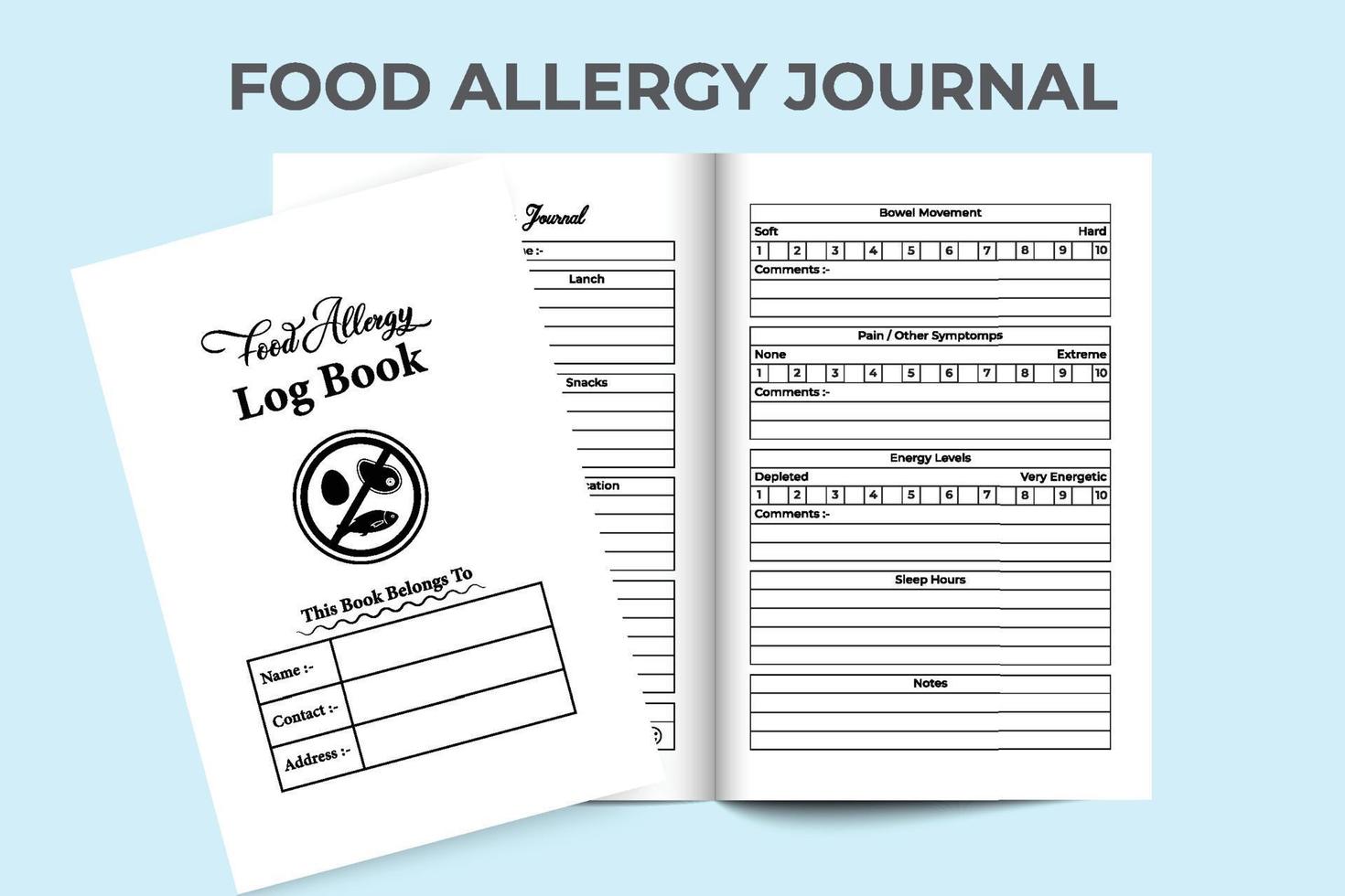intérieur du carnet d'allergies alimentaires. modèle de journal de vérification de la routine alimentaire quotidienne et des symptômes d'allergie. l'intérieur d'un journal de bord. carnet de médicaments contre les allergies alimentaires et journal de suivi de la douleur. vecteur