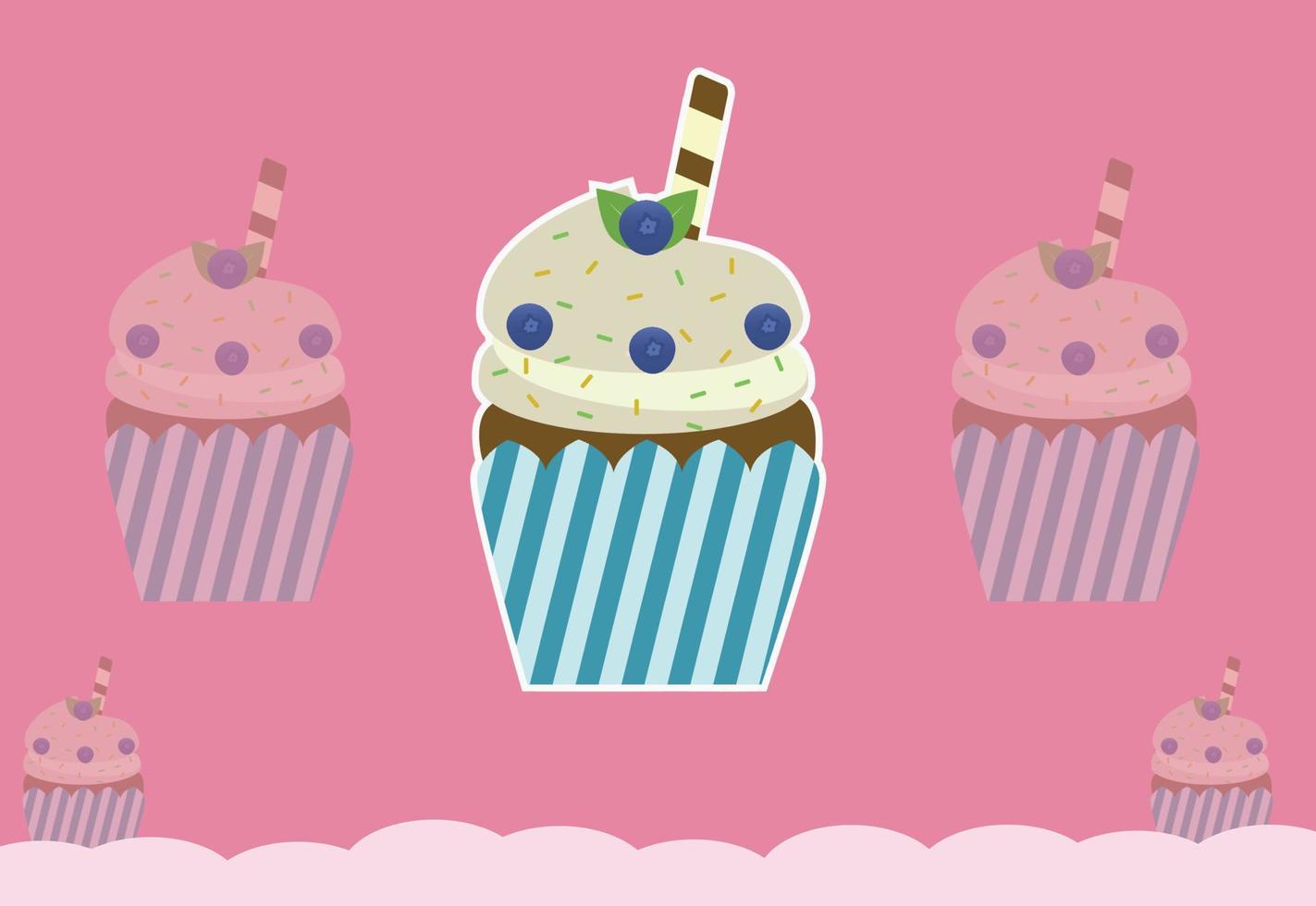 bleuets et gaufrettes délicieux cupcakes avec illustration vectorielle fond rose vecteur