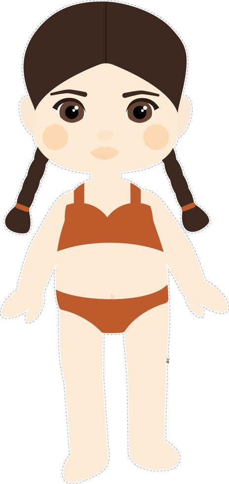 poupée en papier fille aux cheveux bruns avec des nattes en maillot de bain vecteur