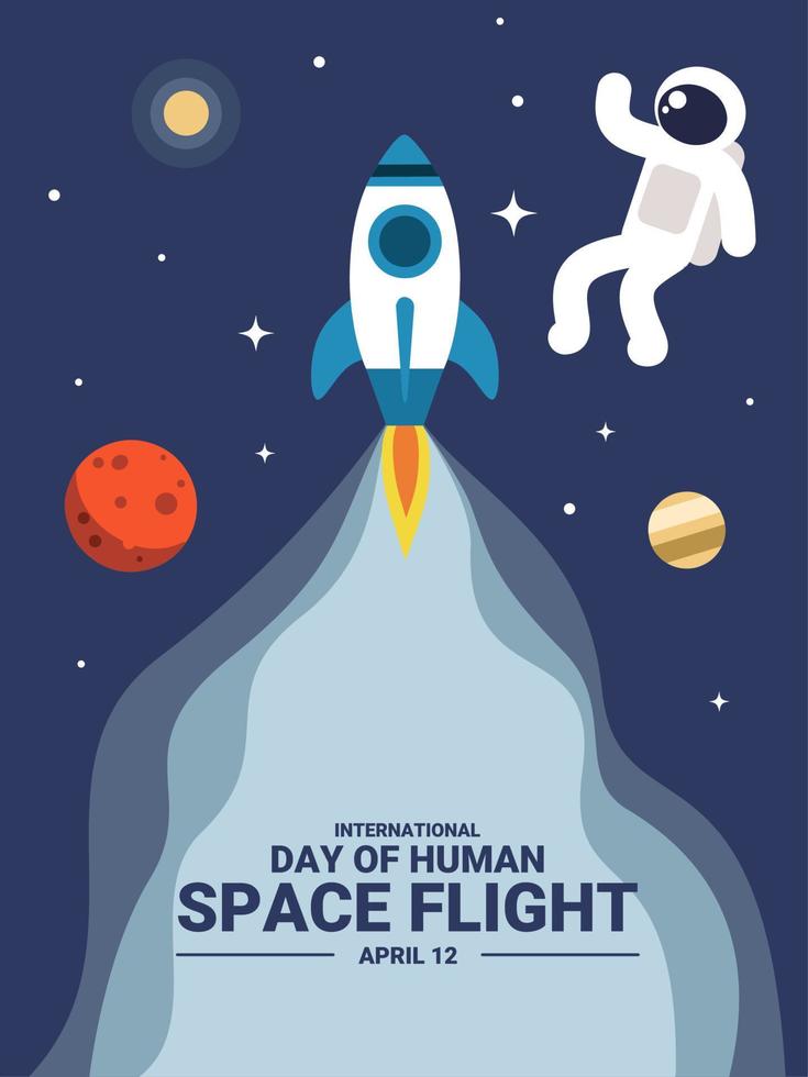 illustration vectorielle d'un astronaute et d'une fusée se lançant dans l'espace, comme bannière, affiche ou modèle pour la journée internationale des vols spatiaux humains. vecteur