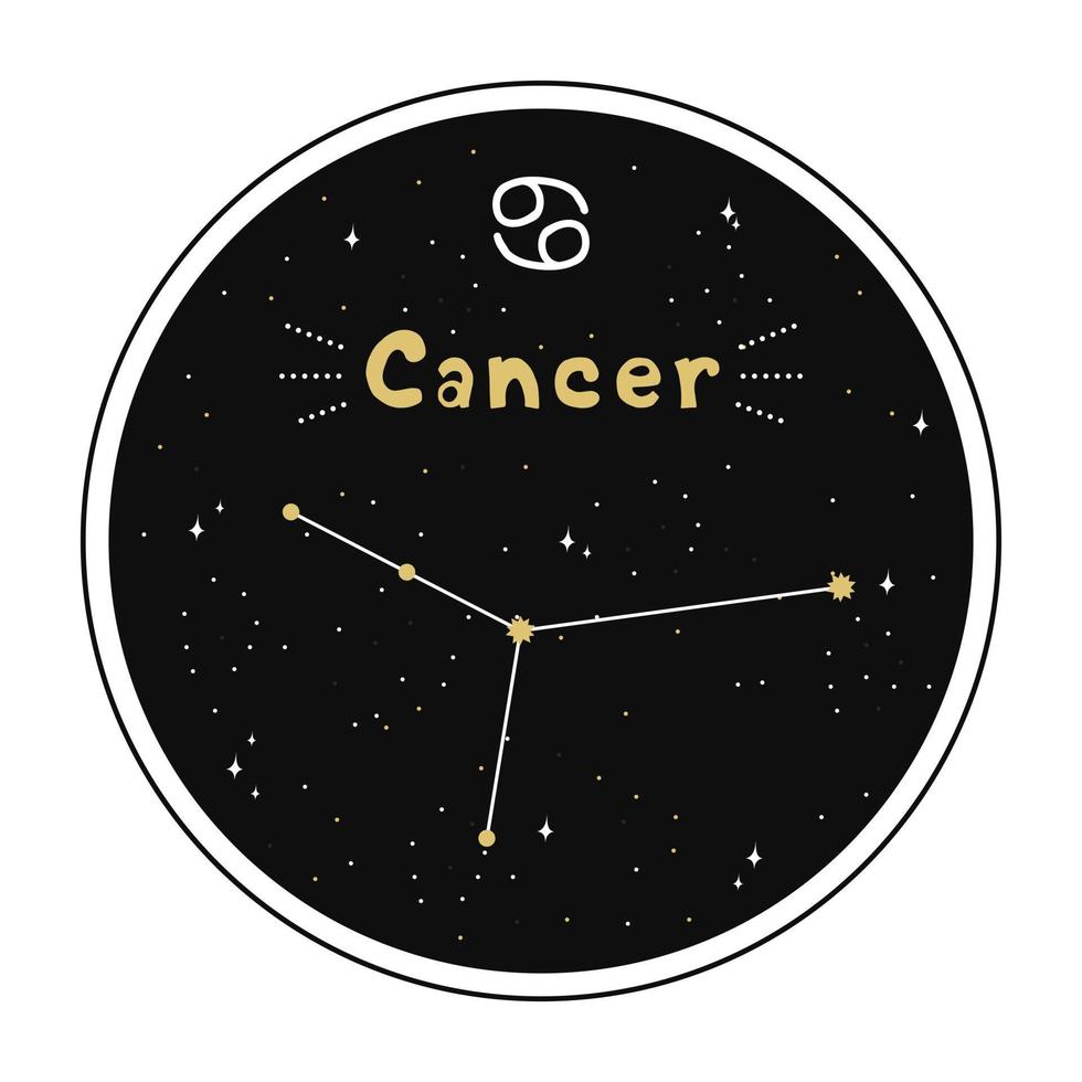 cancer. signe du zodiaque et constellation dans un cercle. ensemble de signes du zodiaque en style doodle, dessinés à la main. vecteur