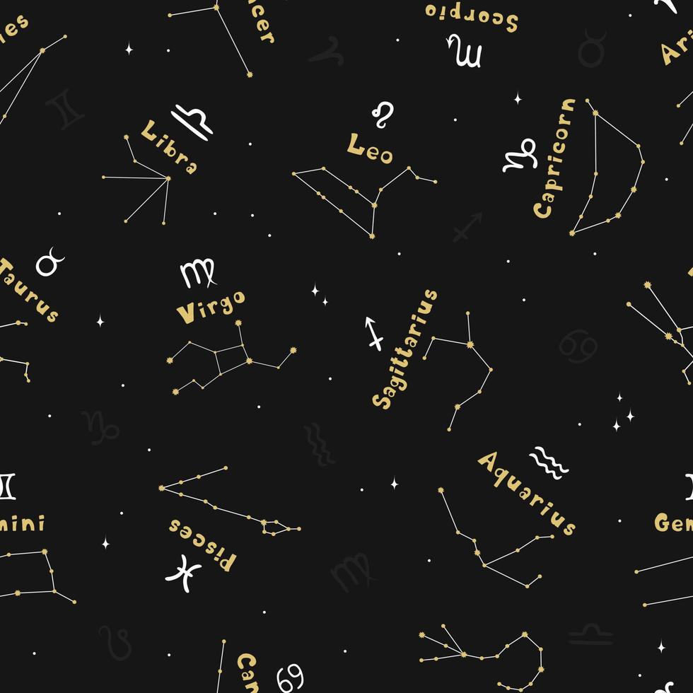 constellations et signes du zodiaque dessinés à la main. modèle sans couture de griffonnage vecteur