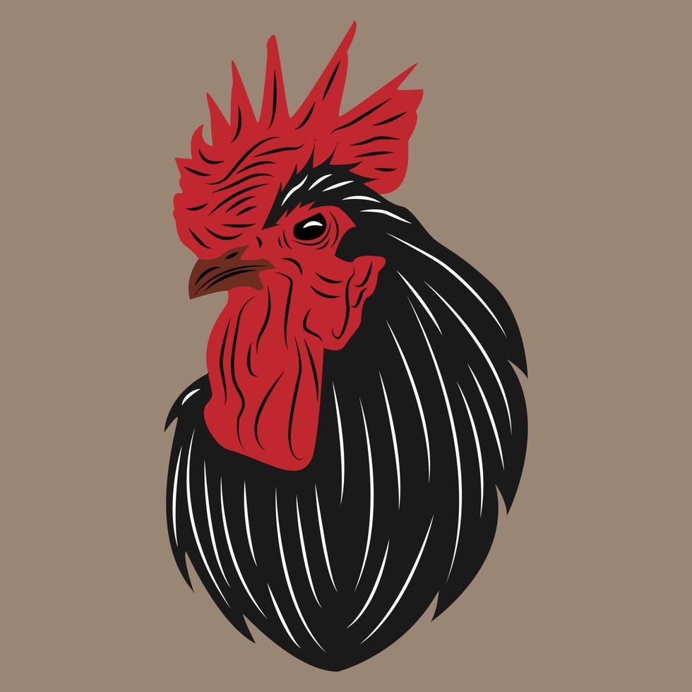 le vecteur de tête de coq noir semble fort avec des reflets oculaires nets, adapté aux logos, aux restaurants vendant du poulet frit et autres