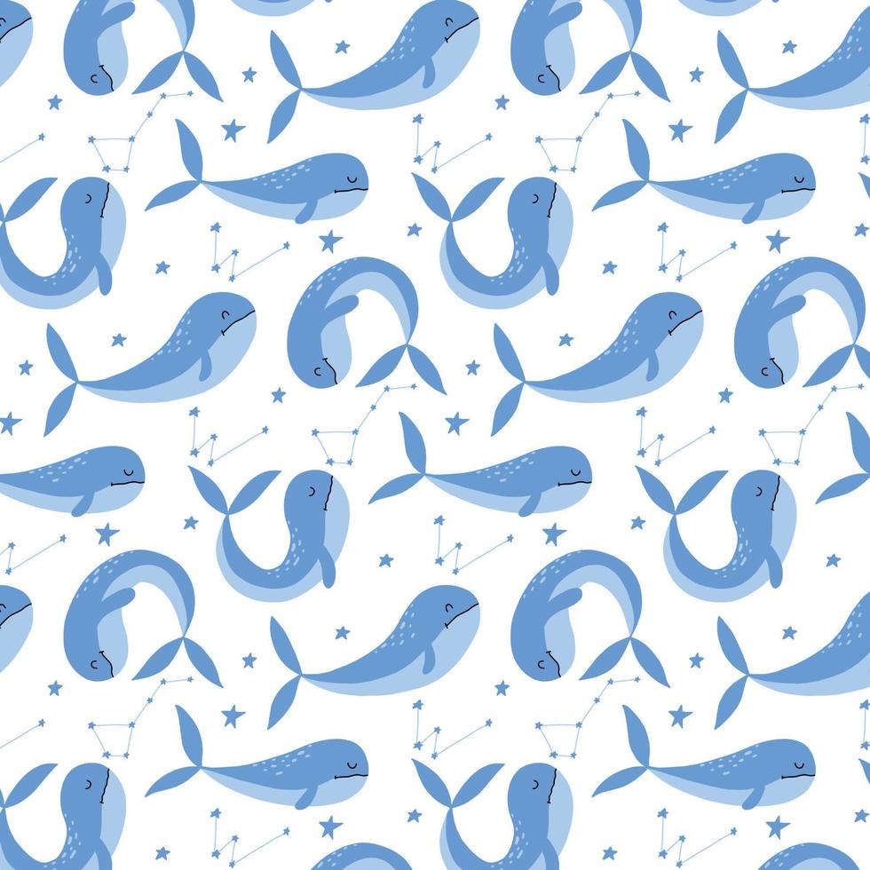 sans couture avec de jolies baleines bleues et des algues. motif dessiné à la main pour enfants. modèle vectoriel avec des animaux marins.