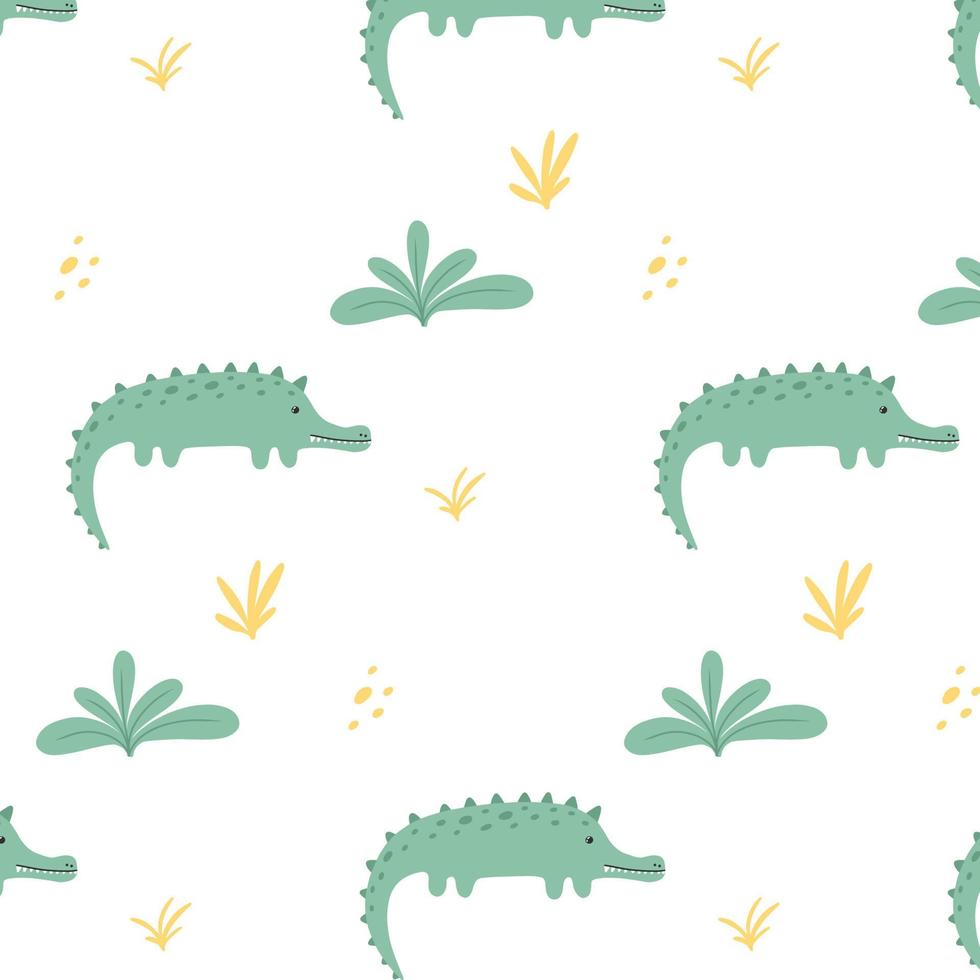 motif enfantin avec un joli crocodile et des plantes. motif dessiné avec crocodile. motif alligator. illustration vectorielle. convient aux tissus, papiers d'emballage, papiers peints. vecteur