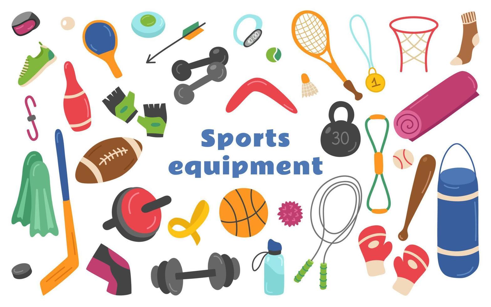 ensemble d'éléments d'équipement sportif. balles de football américain et volley-ball, sac et gants de frappe, raquette de tennis, haltères, kettlebell, corde à sauter, tapis. collection de vecteurs pour l'éducation physique. vecteur