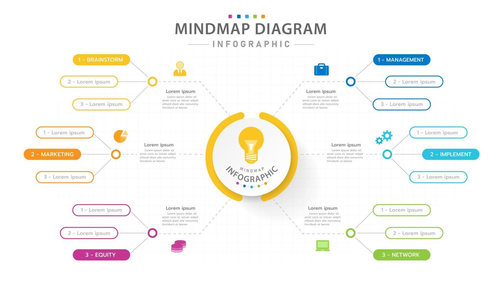 modèle d'infographie pour les entreprises. Diagramme de carte mentale moderne en 6 étapes avec plusieurs sujets, infographie vectorielle de présentation. vecteur