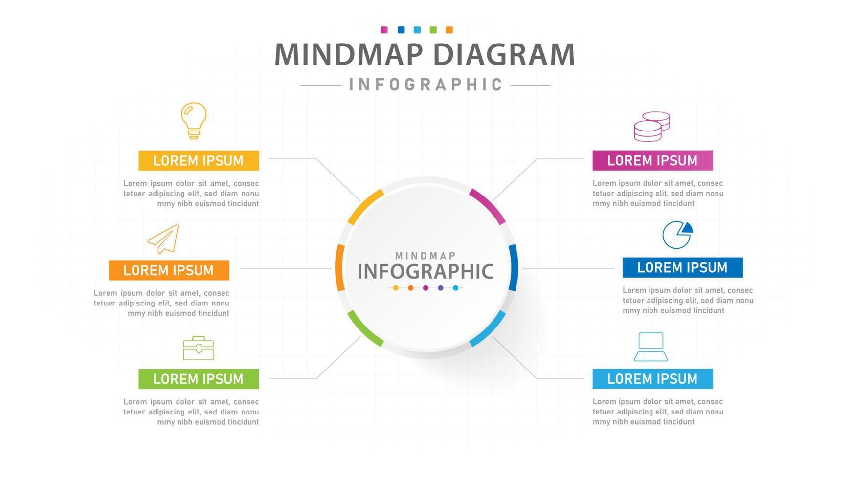 modèle d'infographie pour les entreprises. Diagramme de carte mentale en 6 étapes, infographie vectorielle de présentation. vecteur