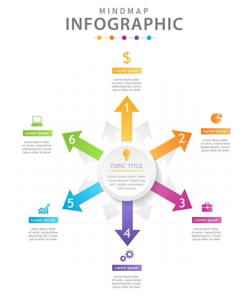 modèle d'infographie pour les entreprises. Diagramme de carte mentale moderne en 6 étapes avec flèches, infographie vectorielle de présentation. vecteur