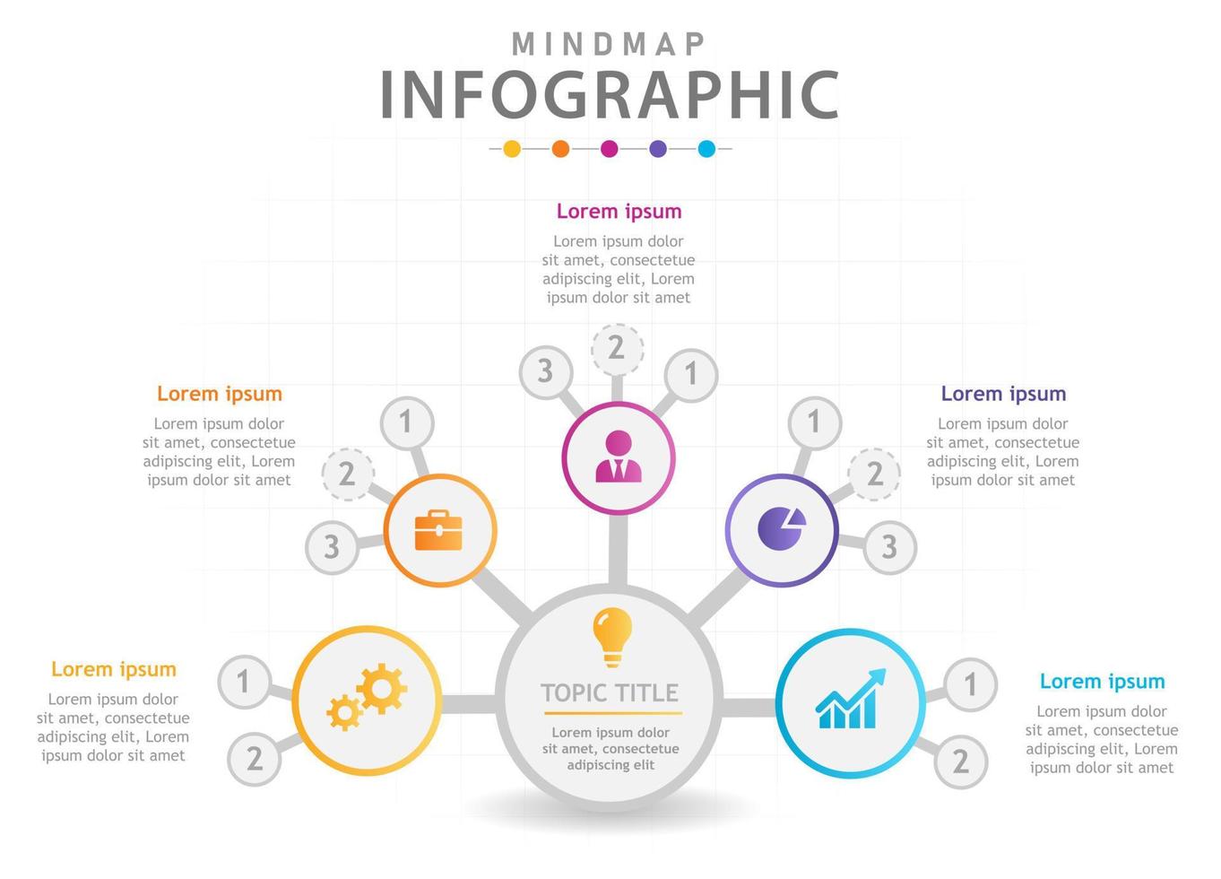 modèle d'infographie pour les entreprises. Diagramme de carte mentale moderne en 5 étapes avec cercles, infographie vectorielle de présentation. vecteur