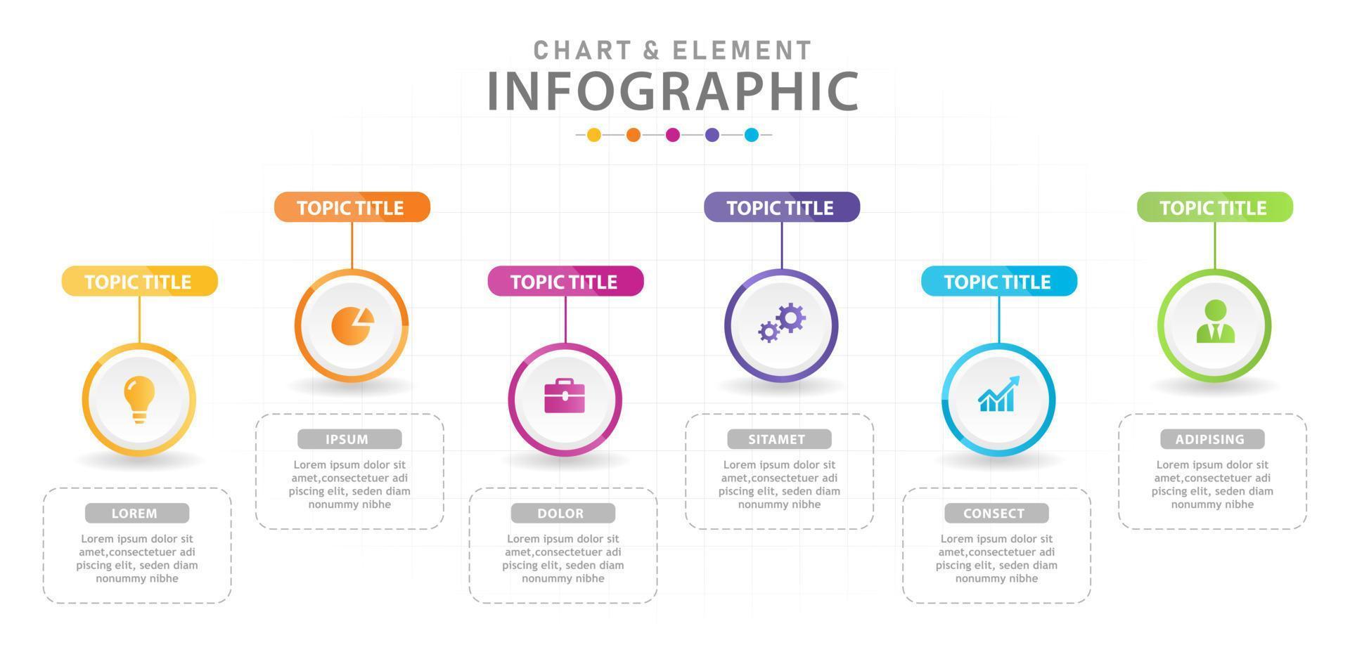 modèle d'infographie pour les entreprises. Élément graphique moderne en 6 étapes avec cercles, infographie vectorielle de présentation. vecteur