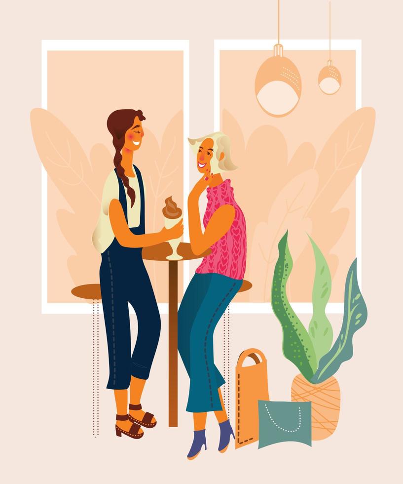 deux filles ou jeunes femmes, des amies sont assises dans un restaurant, une cafétéria ou un bar à expresso et discutent. les gens se détendent après avoir fait du shopping dans le centre commercial. loisirs et divertissements. illustration vectorielle plane. vecteur