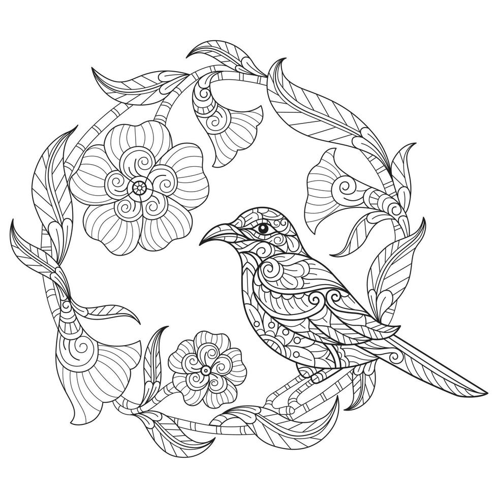 oiseau et fleurs dessinés à la main pour livre de coloriage adulte vecteur