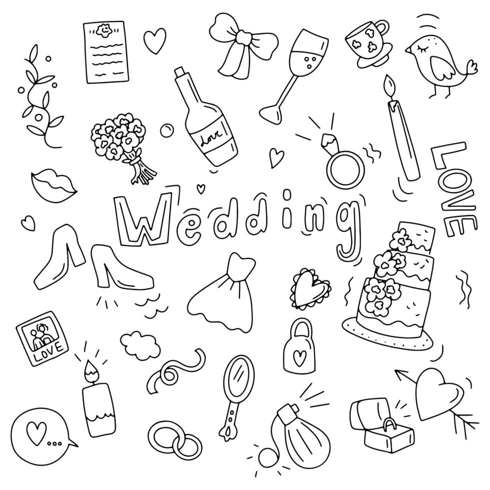 un ensemble d'icônes de doodle sur le thème du mariage vecteur