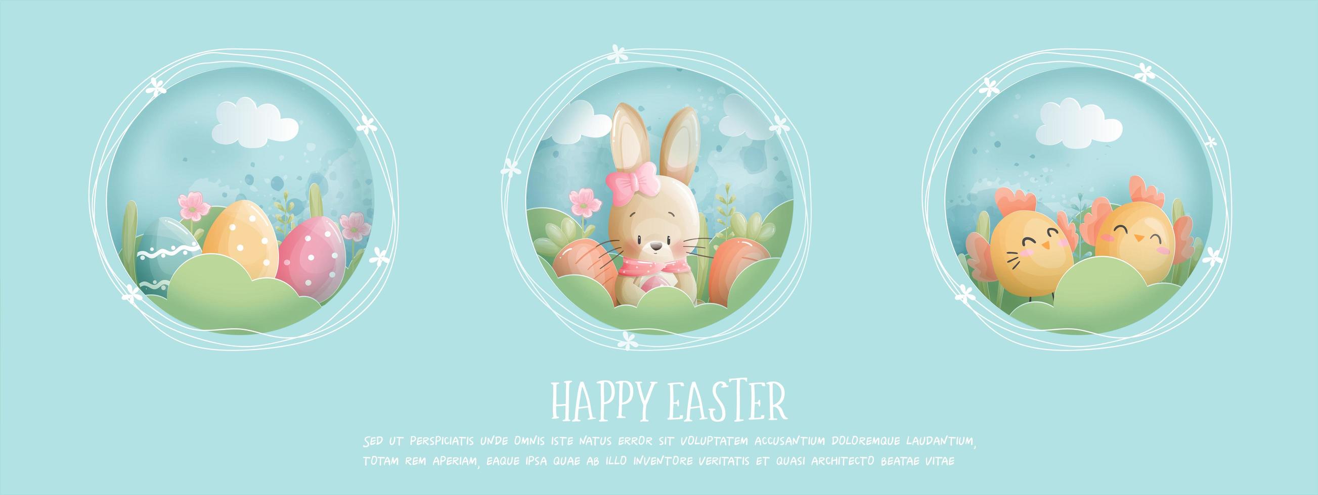 bannière de Pâques Joyeux avec lapin, oeufs et poussin vecteur