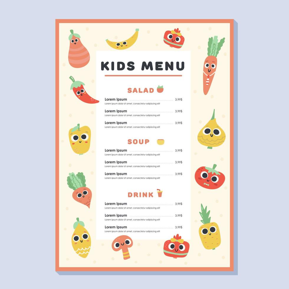 menu pour enfants. joli modèle vectoriel coloré dessiné à la main. conception de menus enfants pour fête, café. légumes et fruits sains