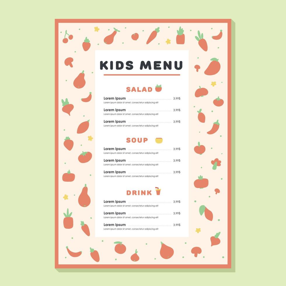 modèle de repas de menu pour enfants. légumes et fruits sains. conception de vecteur pour le menu des enfants.