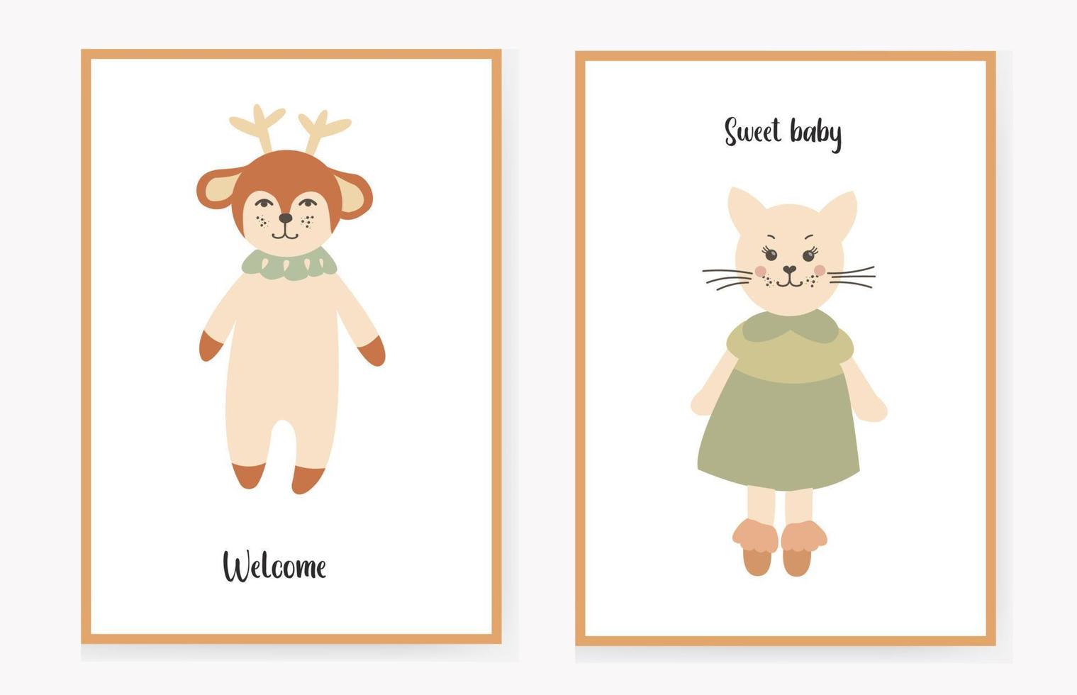 ensemble de cartes d'invitation pour enfants avec un joli cerf et un chat en robe, cartes de voeux d'anniversaire. bienvenue, doux bébé. illustration vectorielle. vecteur