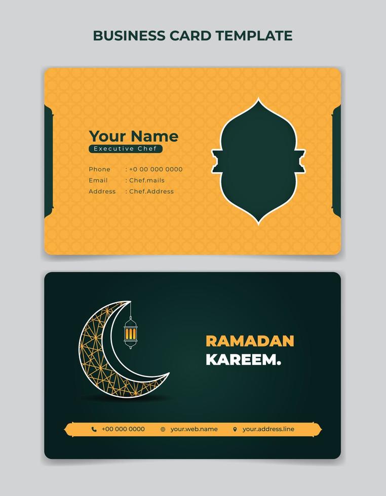 conception de modèle de carte de visite en jaune et vert avec fond islamique et conception de lune. conception de modèle de carte d'identité verte et jaune. vecteur
